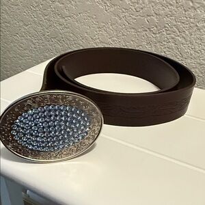 Vintage Brown Leather Belt with Silver and Blue Rhinestone Buckle